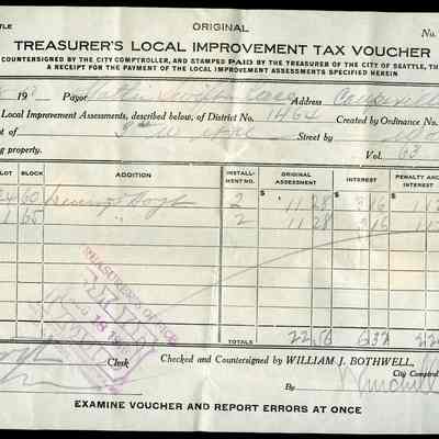 Treasurer's Local Improvement Tax Voucher - Hattie S Race, 1910