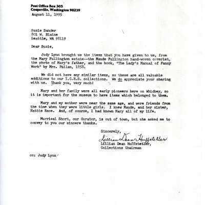 A Letter from the Island County Historical Society addressed to Suzie Sander's of Seattle