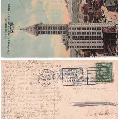 The Two Sentries, The 42 story LC Smith Building and Mt Rainier, Seattle: Origsize: 3.5x5.5; Origformat: Print-Photographic