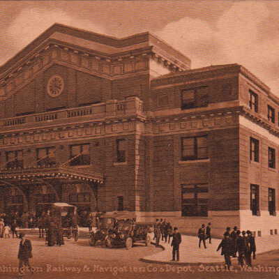 Oregon - Washington Railway & Navigation Co's Depot, Seattle Washington The Hill shown was 200 feet above the present street level, to realize the change see post card 3058