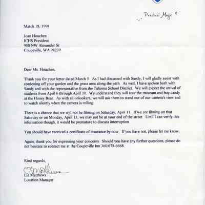 Correspondence: ICHS President to WB Location Manager