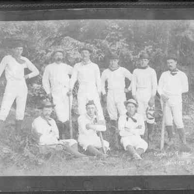 123: June 19, 1886 - Coupeville "Odd Legs Baseball " - Tony Monroe seated 3rd from left: Horace Holbrook: pitcher; Joe Power: center field; Henry Power: Right field; Will Race: left field; Fred Mourer: catcher; Chas Williams: 3rd base; Arthur O'Leary: Short stop; Harvie Crockett: 2nd base; Tony Monroe: 1st base