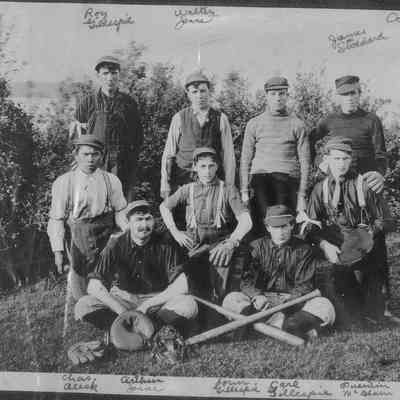 124: Coupeville 1903 - Back Row: Roy Gillespie, Walter Jenne, Unk, James Stoddard: Kneeling/Seated (L-R): Charles Aleck, Arthur Jenne, Gillespie, Carl Gillespie, Quentin McBlain