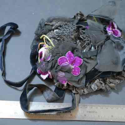 407 - hat - black straw w/ ribbon, violets, beading, velvet w/ chiffon, w/ velvet ribbons