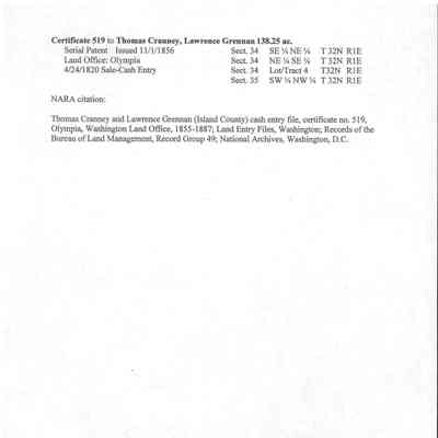 Land Certificates - Cash Entries, Thomas Cranney and Lawrence Grennan