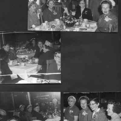 141 - DOPW Dinner - Top: At left Edna Griffiths, Roach, Kellogg, Standing is Lillian Huffstetler, Helen Kelley at right: MIddle: At left Myrtle Rosenfield, Anna Engle, Marjorie Hazen, Ava Loers; Bottom right: Mrs Walton, Helen Kellogg, Lillian H., Ethylee M.; Left: Roach, Edna Griffith, Vera Moa, Walton, Ava Loers