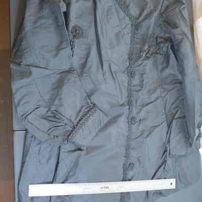 527 - coat, black taffeta, short w/ braid trim: Belonged to Juliet Morse