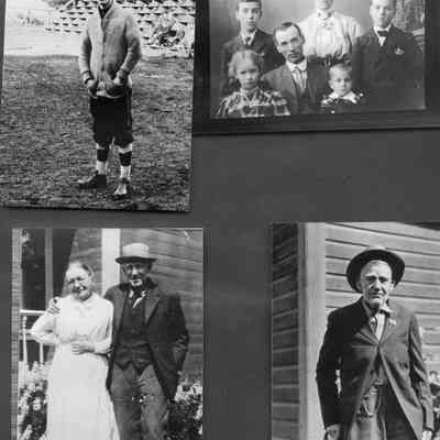 1. Frank Morrill; 2. 1906 - Andrew and Abigail Morrill and family (Joe Harry, Grace Eugenie at left; Frank James and Andrew Justin at right): 3. Francis and Nathan James 1923; 4. N.H. James 1923 (ID#2023.dpw.110)