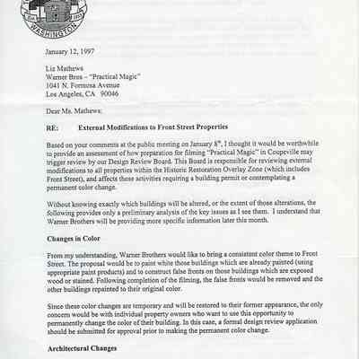 Correspondence: Coupeville City Planner to Warner Bros. Location Manager