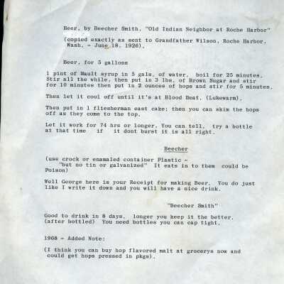 Beer Recipe, 1925