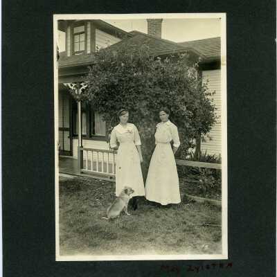 Photograph, Mae Zylstra, Brownie and a "hired girl" in front of Ed Youderian's house. Acc. # 2019.024.142