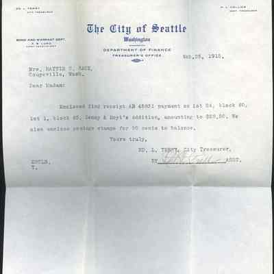 Receipt of Payment - Hattie S Race, 1915