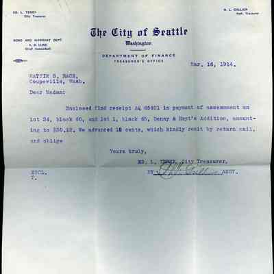 Receipt of Payment - Hattie S Race, 1914