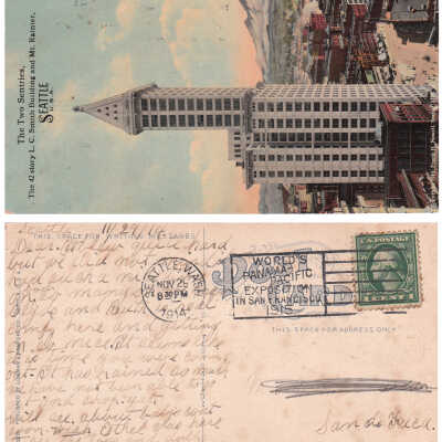 The Two Sentries, The 42 story L. C. Smith Building and Mt Rainier, Seattle, USA