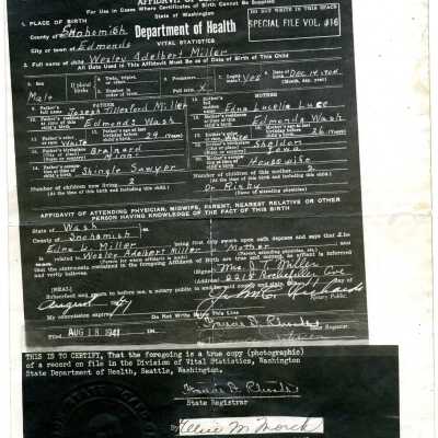 Certificate, Birth - Wesley Adelbert Miller