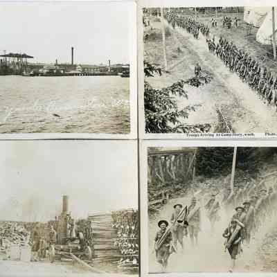 1. US Navy Yards Bremerton, Wn; 2. Troops Arriving at Camp Story, Wash.: 3. Wood Saw, Ft. Casey, Wn; 4. Carl Marsh at front right, Fort Casey