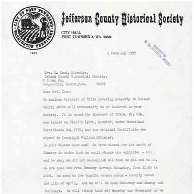 Letter to Island County Historical Society from Jefferson County Historical Society