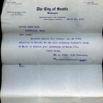 Receipt of Payment - Hattie S Race, 1913
