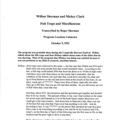 Transcript of Wilbur Sherman and Mickey Clark's Program on Fish Traps