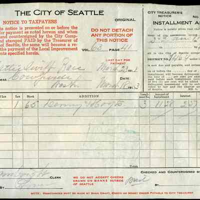 City Treasurer's Notice Installment Assessment, Hattie S Race, 1913
