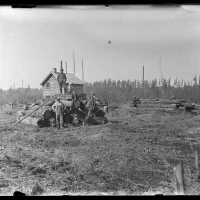 Log pile with men ontop: Origsize: 4x5; Origformat: Negative