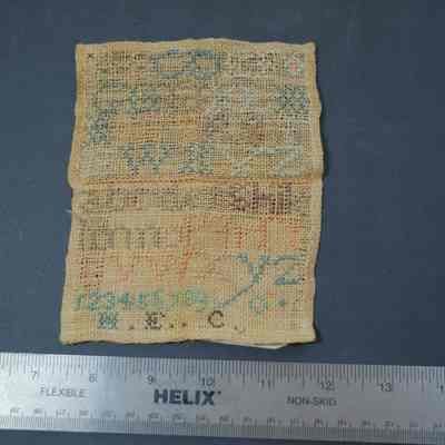 437 - sampler - ecru, coarse linen, alphabet & numbers "W.E.C.", 5.5x4.5": Carleton