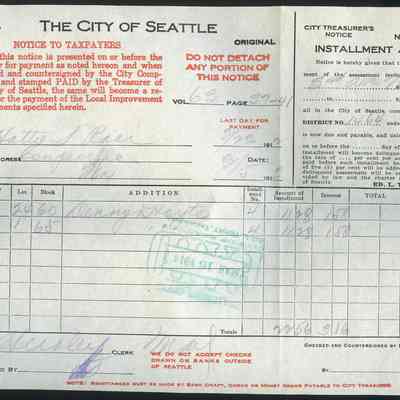 City Treasury Notice Installment Assessment - Hattie S Race, 1912
