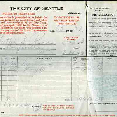 City Treasurer's Notice Installment Assessment, Hattie S Race, 1915