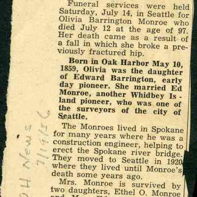 Obituary for Olivia Monroe, daughter of Edward Barrington -1956
