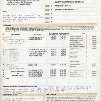 Certificate of Insurance - Warner Bros. Studios