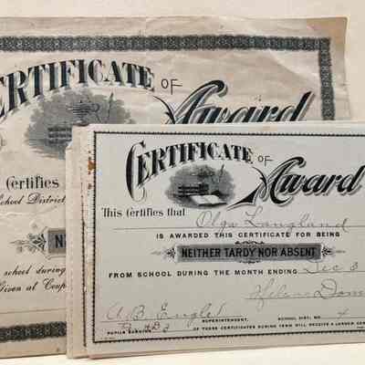 Attendance Awards given to Olga Langland 1910 - Silver Lake