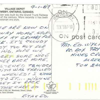 Postcard sent in September 1987 to a Mr. Ed Wylie in Hines Creek Alberta
