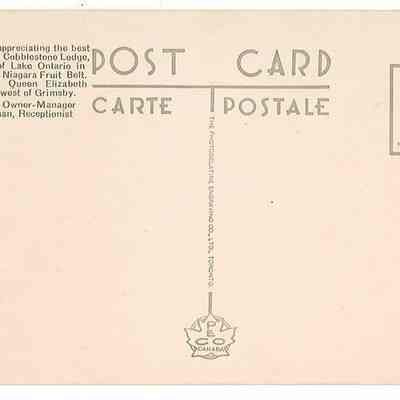 "For the Tourist appreciating the best in accomodation, Cobblestone Lodge, on the shores of Lake Ontario in the heart of the Niagara Fruit Belt. Located on the Queen Elizabeth Way, two miles west of Grimsby. W.O. Ullman, Owner-Manager Dorothy Ullman, Receptionist"