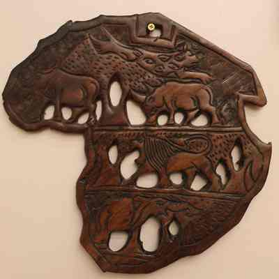 Woodcarving of African Continent with Animals