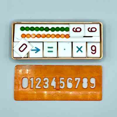 Children's arithmetic and counting set, boxed (bead counters, number/operator tiles, and stencil-ruler)