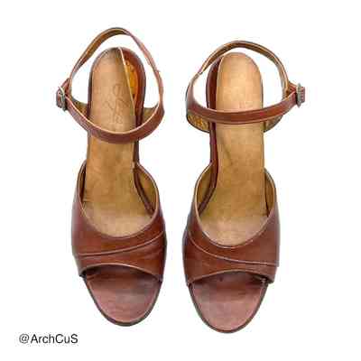 Pair of Women's Brown Leather Ankle-Strap Peep-Toe High-Heeled Sandals (Joya), with Box