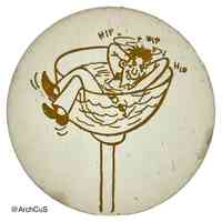 Drink coaster with comic illustration of a drunk man in a cocktail glass