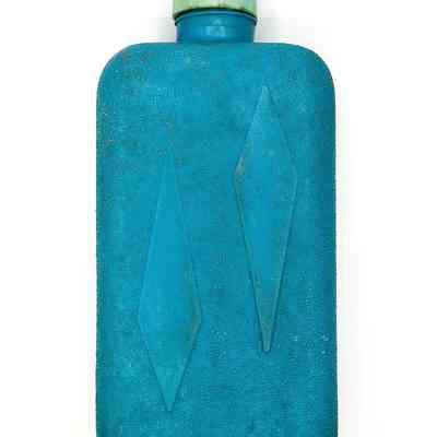 Refrigerator water bottle / flat flask, textured blue with green screw cap