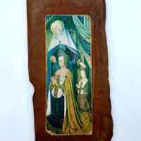 Cuban artisan-market plaque — printed reproduction of a French late-Gothic devotional painting (St. Anne with a crowned woman and a younger female figure), mounted on wood
