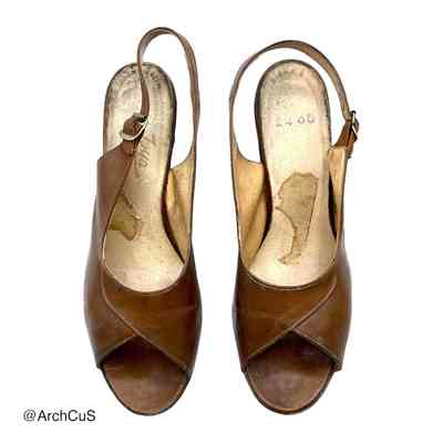 Pair of Women's Brown Leather Slingback Peep-Toe High-Heeled Sandals (Joya)