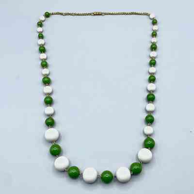 Beaded necklace of graduated green and white round beads with gold-tone links