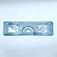 Combination drafting/drawing template-ruler (stencil, protractor, set-square, French curve), translucent plastic
