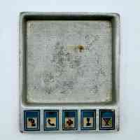 Soviet aluminum desk tray / memo holder with telephone-information pictograms
