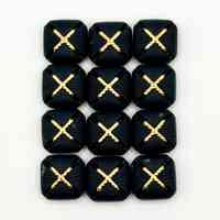 Set of twelve matching square buttons, black with golden "X" motif