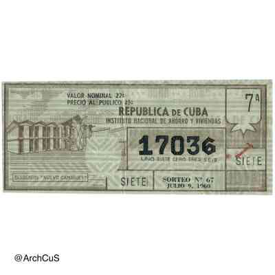 Lottery savings-bond ticket (bono), INAV — Sorteo No. 67, 9 July 1960