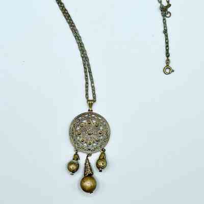Name Pendant necklace with openwork floral medallion and bead drops