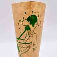 "Perga" — paraffined-paper disposable cup for bulk beer/malta, green cartoon print