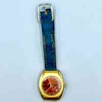 "Zaria" (Заря) wristwatch, gilt with date, 22 jewels, on black strap