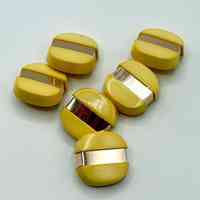 Buttons (set), yellow plastic with gold-tone metal rim