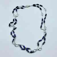Bead-and-link necklace, dark blue cube beads with clear faceted glass